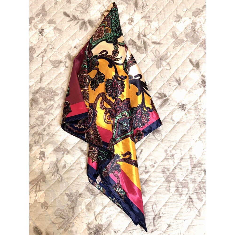 Corciova 100% Silk Paisley Square Scarf 36" Multicolor Burgundy Gold Teal Pink